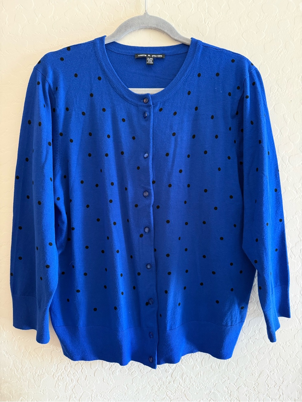 Cable & Gauge, XL, button-front cardigan sweater in blue with black polka dots